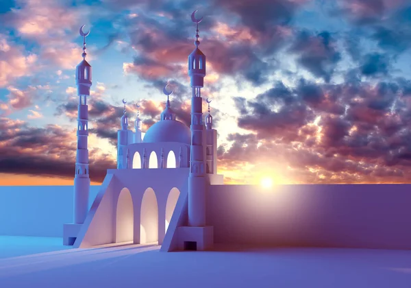 Image of mosque against background of evening sky. Three-dimensional mosque with many minarets. White mosque with crescents on domes. Belief in Islam religion. Prayer house at sunset time.