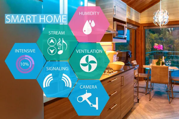 Smart home interior. IOT buttons on kitchen furniture background. Modern smart home interior. Household appliances with IOT functions. Concept - sale of intelligent household appliances.