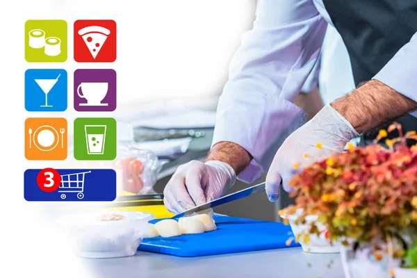 Ordering food delivery from restaurant. Delivery of ready meals from a cafe. Chef is preparing something. food ordering app interface is next to it. Concept web applications for ordering ready meals