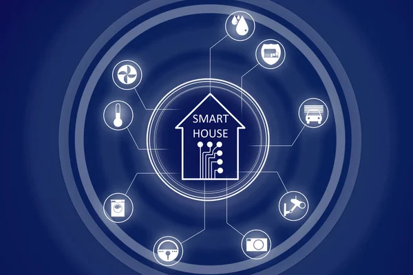 Circular futuristic interface of smart home automation assistant on virtual screen. Interface of the Smart Home program. White and blue concept of the Smart home. Internet of Smart Things.