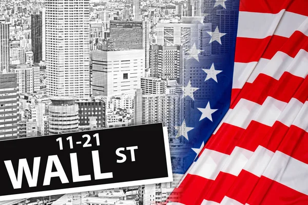New York Stock Exchange. A Wall Street sign and a black-and-white panorama of the city. The crisis in the US stock market. News from the American Stock Exchange. Economic problems in America.