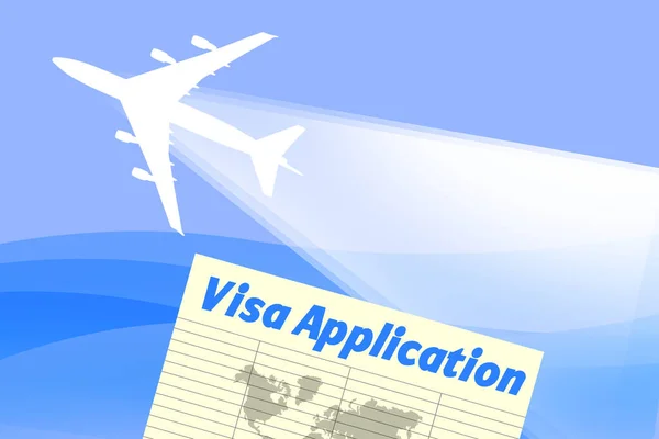 The silhouette of the plane and the visa application form. Vacation planning. The issue of visas. Plane next to the visa application form. International tourism. Travel abroad.