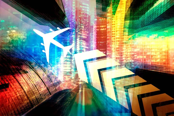 Business travel concept. Travel for business purposes. Flight by plane to solve management problems. Silhouette of an airplane on the background of the night city. Business class travel