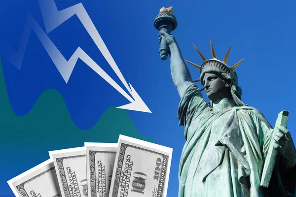 Decreased income of American citizens. Falling graph next to Statue of Liberty. It symbolizes a decrease in income of Americans. Decreased earnings of US residents. Declining America\'s Income