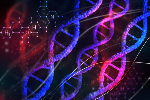 Triple DNA helix on dark background. Chemical symbols as metaphor for DNA modification. Background wallpaper on theme of genetic modification. DNA background for banner. Texture with genetic spirals