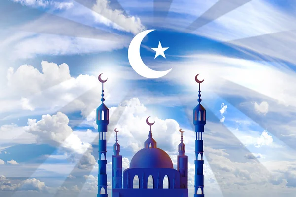 The sign of Islam with radiating rays of light radiating from it. Muslim symbols. A star and crescent moon above the mosque. The silhouette of the mosque against the sky. The Islamic religion.