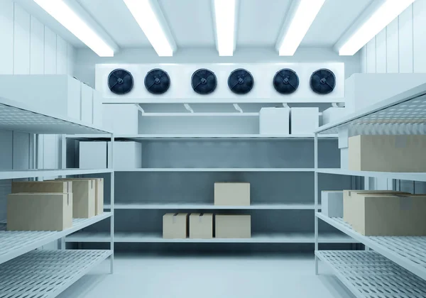 Refrigerators compartment. Warehouse with shelves for food storage. Grocery warehouse with air conditioning. Freezing of products. Stelms with shelves. Refrigeration equipment. Industrial refrigerator.