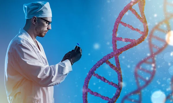 genetic research concept. Laboratory assistant is engaged in genetic research. DNA chain next to researcher. Scientist is studying genetic mutation. DNA scientist on blue background.