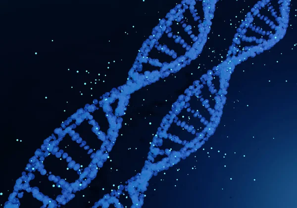 DNA helix on dark blue background. Three-dimensional dna helix symbolizes science of genetics. Dna helix 3d dark background. Genetic background texture with genetic molecules. Human genome pattern.