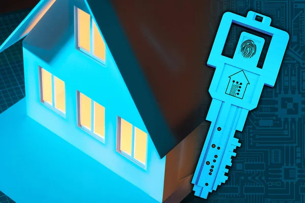 Home access control. The layout of the cottage and the abstract key. Housing security systems. Access control to the room. Electronic key for the house.