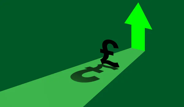 Growth of pound sterling currency. Arrow of growth syvolizes appreciation of Pound. Concept of UK exit from Crisis. Rise in value of British Pound. Appreciation of national currency of Great Britain