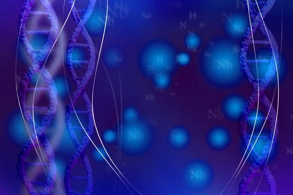 Dark blue medical or scientific education. DNA helices. Genetic engineering. The molecular structure of DNA, atoms and molecules. Abstract background of genetic research.