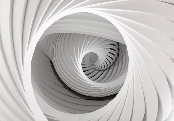 White geometric background. Background with endless staircase going down. Patern with a spiral descent downward. White texture. Spiral stretching into distance. Infinity-themed texture. 3d rendering