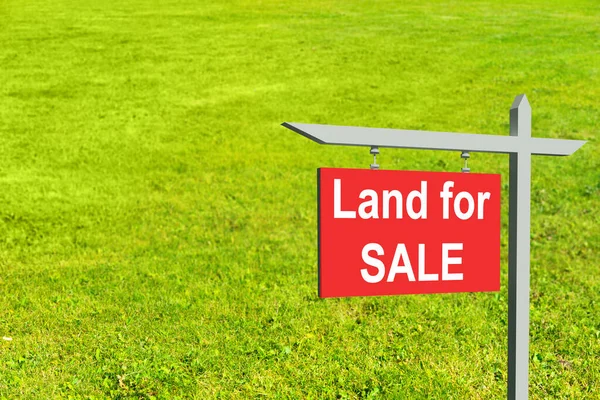 Land for sale sign illustration design over a green background. Three-dimensional land for sale sign. A green farm field behind a street sign. Land for sale logo on red signboard