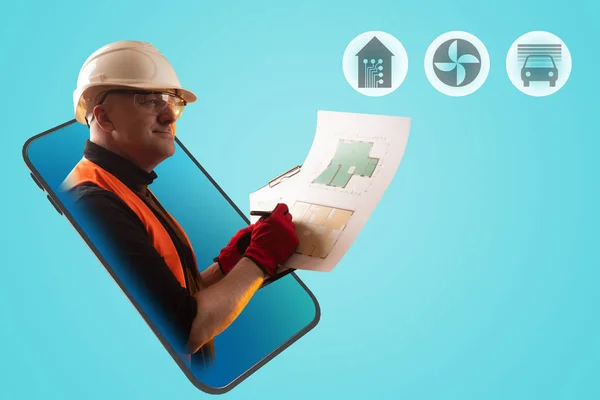 Smart home system design. Metaphor on construction of a smart home. Man architect draws construction drawings. Smartphone symbolizes home control through phone. IOT icons on turquoise background