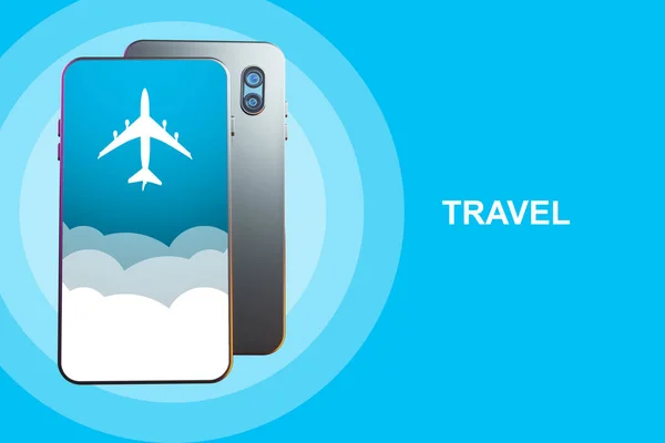 Air tourism. Booking air tickets phone. Applications online travel travel. Smartphone with airplane icon. Air Travel logo on turquoise background. Avia flight Booking annex. Ticket booking. 3D image