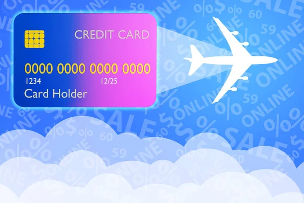 Air ticket sale. Online purchase of air ticket. Payment for avia travel by credit card. Payments by credit card for air tickets. Silhouette of plane symbolizes aviation tourism. 3d image.