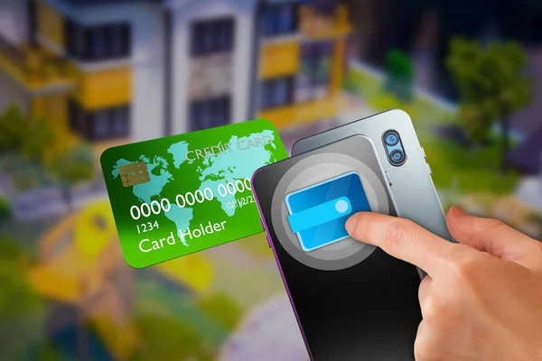 Electronic wallet In phone. Pay by credit card Via electronic Wallet on phone. Hand with smartphone online banking. Blurred house in background. Man taking a digital wallet. Concept NFC payments