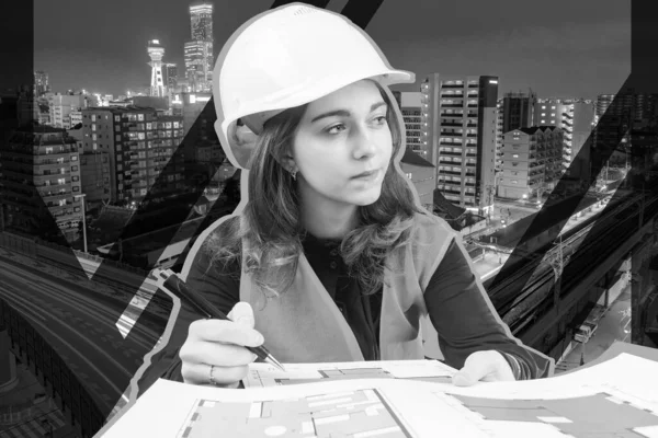 Interior design. A girl with construction plans on the background of houses. Black and white collage construction and renovation. Housing design project. A female architect in a construction helmet.