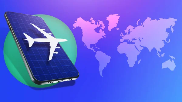 Booking air tickets on phone. Application for buying tickets by plane. Airplane in smartphone screen. World map as symbol of international airlines. Website for booking air tickets. 3d rendering.