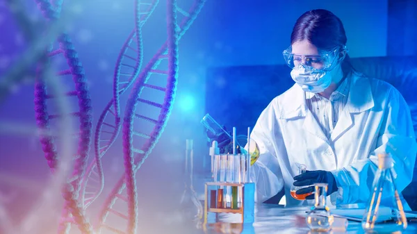 Geneticist woman at laboratory table. Technician working with biological samples. She studies DNA samples. Dna chain near geneticist. Genetic analysis in a clinical lab. Geneticist with test tube