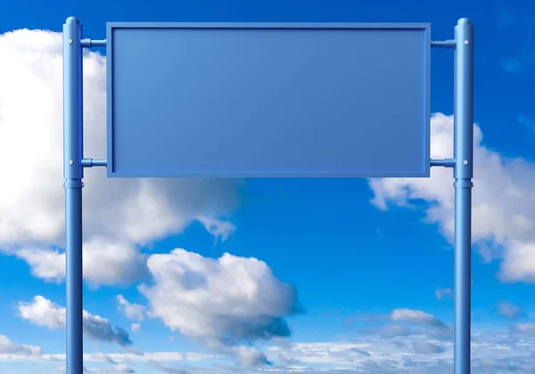 Rack for advertising or sign. Metal stand for banner. Stand for advertising on sky background. Stand banner. Blue pillar for advertising banner. Place your advertisement. Clouds behind rack