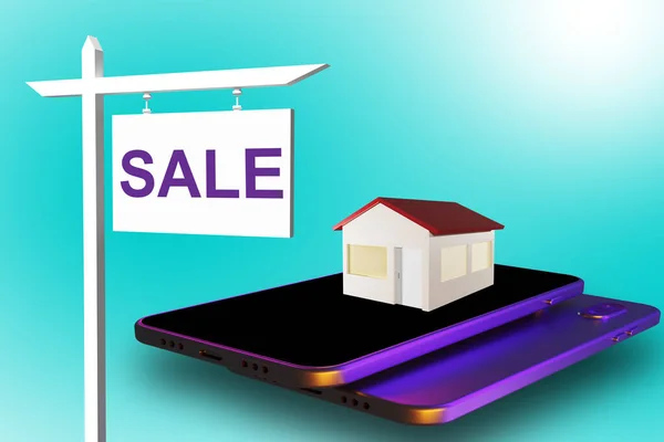House for sale. Sale sign near phone. Metaphor for real estate apps. Selling house through phone. Mobile site for sale of real estate. Miniature house on phone screen. Booking apps. 3d image