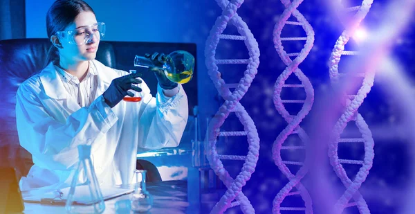 Girl is engaged in genetic engineering. Geneticist with test tubes in his hands. DNA molecules next to a laboratory assistant. DNA chains near to geneticist laboratory assistant. Genetic research