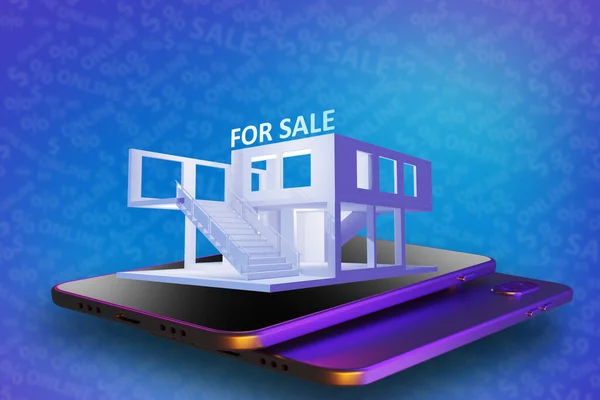 House for sale. Building model in phone screen. For sale inscription on roof of building. Application for sale of real estate concept. Real estate catalog in phone. Online selling house. 3d image.
