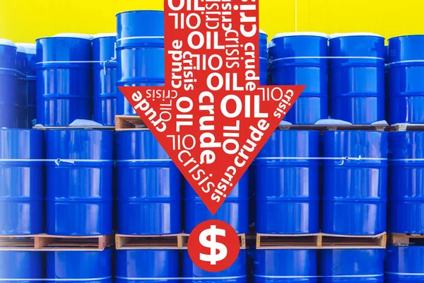 The oil crisis. Down arrow with the inscription Crude oil crisis on the background of barrels. Fuel market crisis. The situation on the hydrocarbon market. Lower prices for fossil energy resources.