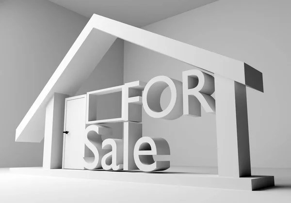 House for sale. House mockup with inscription selling. Cottage for sale. Board of cottage for sale. Metaphor holding open house day. Three-dimensional sign with inscription selling. 3d rendering