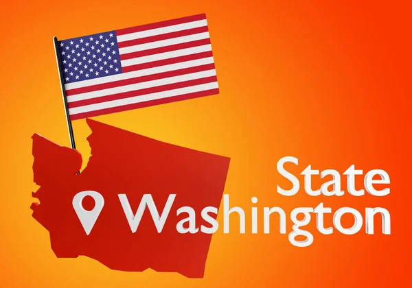 Washington State logo. USA flag next to text Washington. Capital of United States of America. Capital Region of United States. Red-yellow background. Travel to Washington State. 3d image