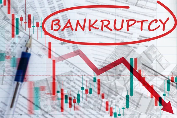 Bankruptcy law. Bankruptcy logo next to falling quotes. Concept - enforcement of bankruptcy law. Financial lawyer. Charts show financial collapse company. Economic crisis has led to a fall in stocks