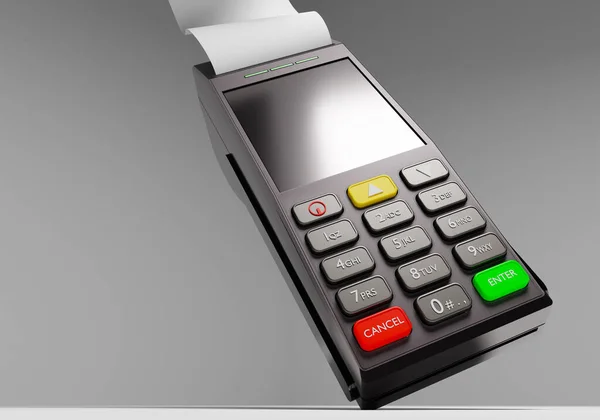 Payment terminal layout. Detailed mockup of banking terminal. Realistic illustration with payment terminal. Banking device with cash tape. It symbolizes cashless payments. 3d illustration.