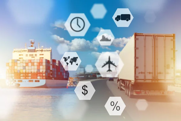 logistics transport. Container ship and truck as symbols of logistics. Logistics transport selection concept. Choice between sea and road transport. Choosing a method of transporting goods.