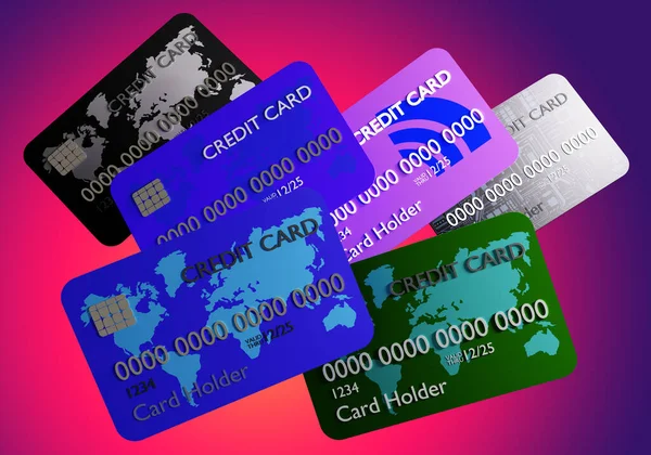 Bank cards of different colors. Colored credit cards. Rendering of realistic bank cards. They symbolize contactless payment. Concept - use of credit banking products. 3d visualization.
