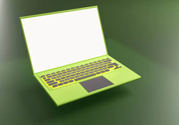 Laptop mockup. Notebook with white screen. Laptop template on green background. Detailed mockup laptop. Three-dimensional design notebook. Computer with blank monitor. 3d illustration