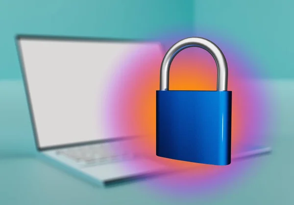 Computer security concept. lock symbolizes protection of computer. Online security. Laptop on turquoise background. Personal data security. Internet protection. 3d illustration.