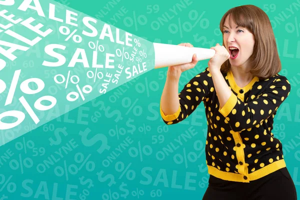 Girl shouts about discounts. Woman shouts into a paper loudspeaker. Young woman on green background. Woman reports sale. Call to purchase goods. Art collage on theme of shopping. Shopping discounts