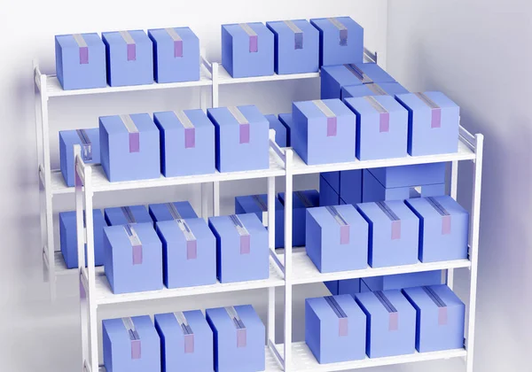 Shelves in self storage units. White racks inside warehouse. Warehouse racks with boxes. Visualization of filling of storage bin. Storage container with boxes of same type. 3d illustration.