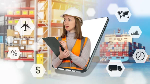 Logistic technologies. Woman at cellphone screen. Logistic girl next to ship. Concept - shipping goods by sea. Marine logistics. Transportation by sea container ship. Logistic company services.