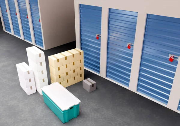 Self storage units for rent. Blue doors in storage. Rent of space in storage units. Safekeeping boxes for self belongings. Cardboard boxes in corridors warehouse. Warehouse rent. 3d image.