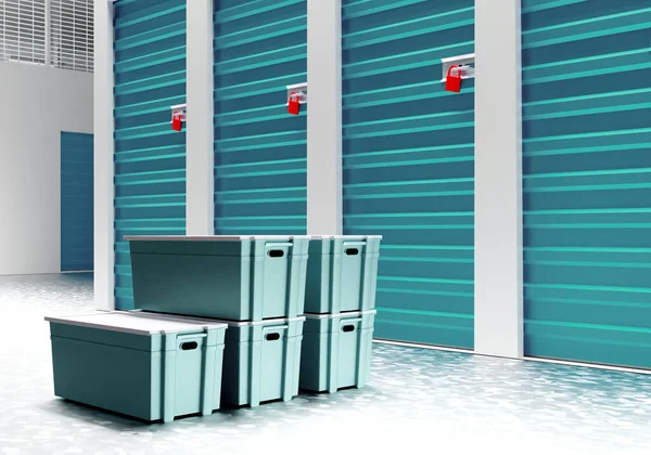 Boxes in front of storage room. Closed storage room. Storage boxes hover on ground. Self warehouse space. Warehouse premises for self-safekeeping. Safekeeping boxes. 3d visualization.