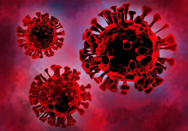 Round viral bacteria. Virus bacteria on red background. Red background on theme of coronavirus. Covid-19 molecule close-up. Visualization of coronavirus bacteria. 3d illustration.