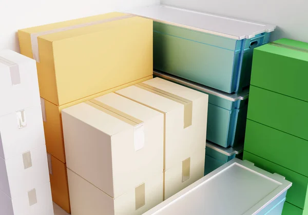 Storage boxes close-up. Cardboard and plastic storage boxes. Storage boxes for safekeeping of personal items. Three-dimensional chests. Multi-colored containers for personal belongings. 3d image.