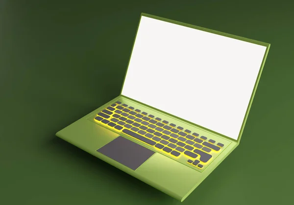 Laptop on a green background. Open laptop screen. Detailed notebook model. Three-dimensional computer with backlit keyboard. Laptop with blank screen. Realistic phone rendering. 3d image.