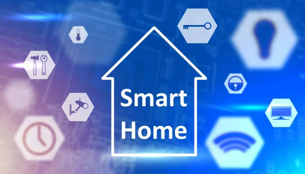 Smart Home system in blue and white color. Schematic image of the house with the inscription Smart Home and home management shortcuts. Internet of Smart Things. Mobile application for home automation.