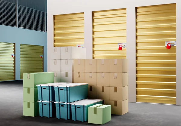 Rental storage units. Storage containers boxes at entrance. Warehouse premises with closed gates. Rent safekeeping place for personal belongings. Rent unit for safekeeping. Storage unit. 3d image