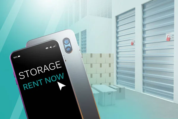 Rental storage units on phone. Application for rental sorage units. Smartphone next to warehouse corridors. Blurred warehouse units in background. Warehouse business application. 3d rendering