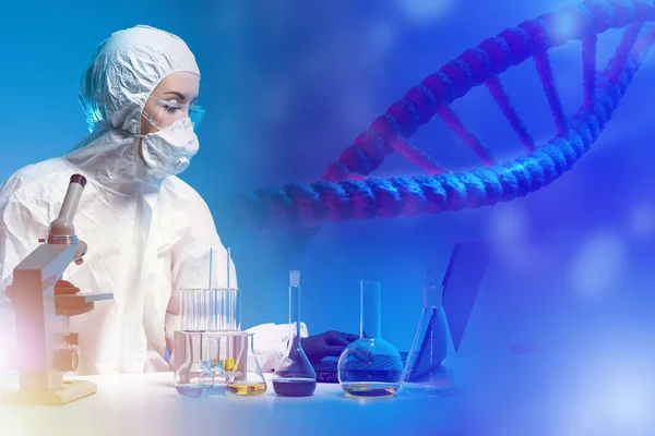 Laboratory assistant on a scientific background. DNA molecule next to it. It symbolizes research human genes. Study of deoxyribonucleic acid. Geneticist in white protective suit. Geneticist work